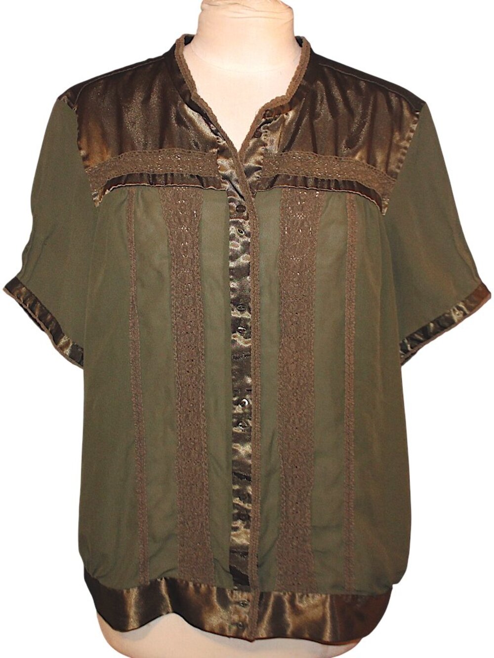 Lane Bryant Olive Green Blouse 14 16 Lace Satin Trim Whimsigoth Plus Size